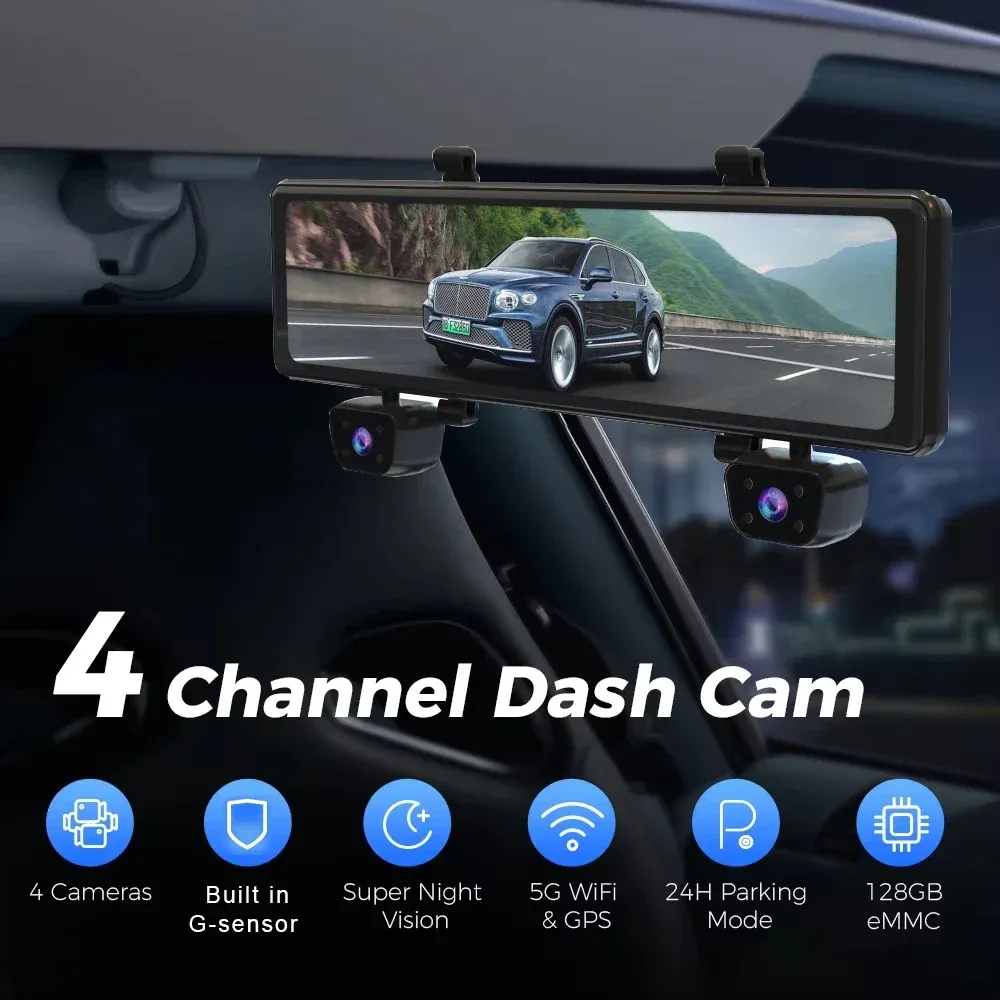 Dash Cam Ultra HD 4*1080P 4CH Car DVR 12”Touch IPS Built-in GPS Wifi 24H Parking Monitor Night Vision Car Camera Video Recorder