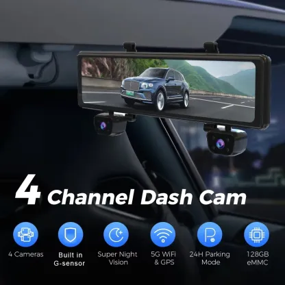 Dash Cam Ultra HD 4*1080P 4CH Car DVR 12”Touch IPS Built-in GPS Wifi 24H Parking Monitor Night Vision Car Camera Video Recorder
