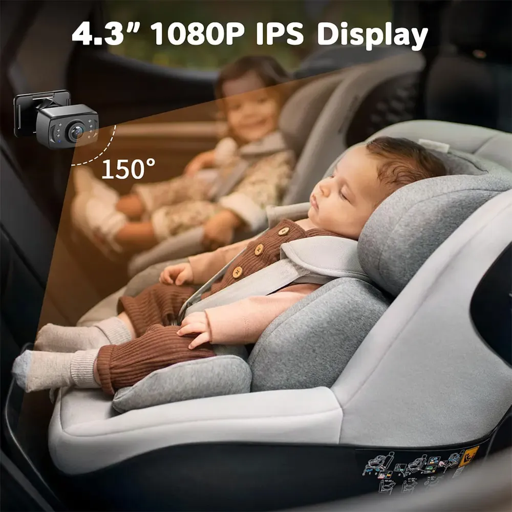 Baby Car Camera HD 1080P Rear Car Baby Monitor Adjustable Viewing Angle Backseat Car Camera 4.3'' Infrared Night Vision Monitor