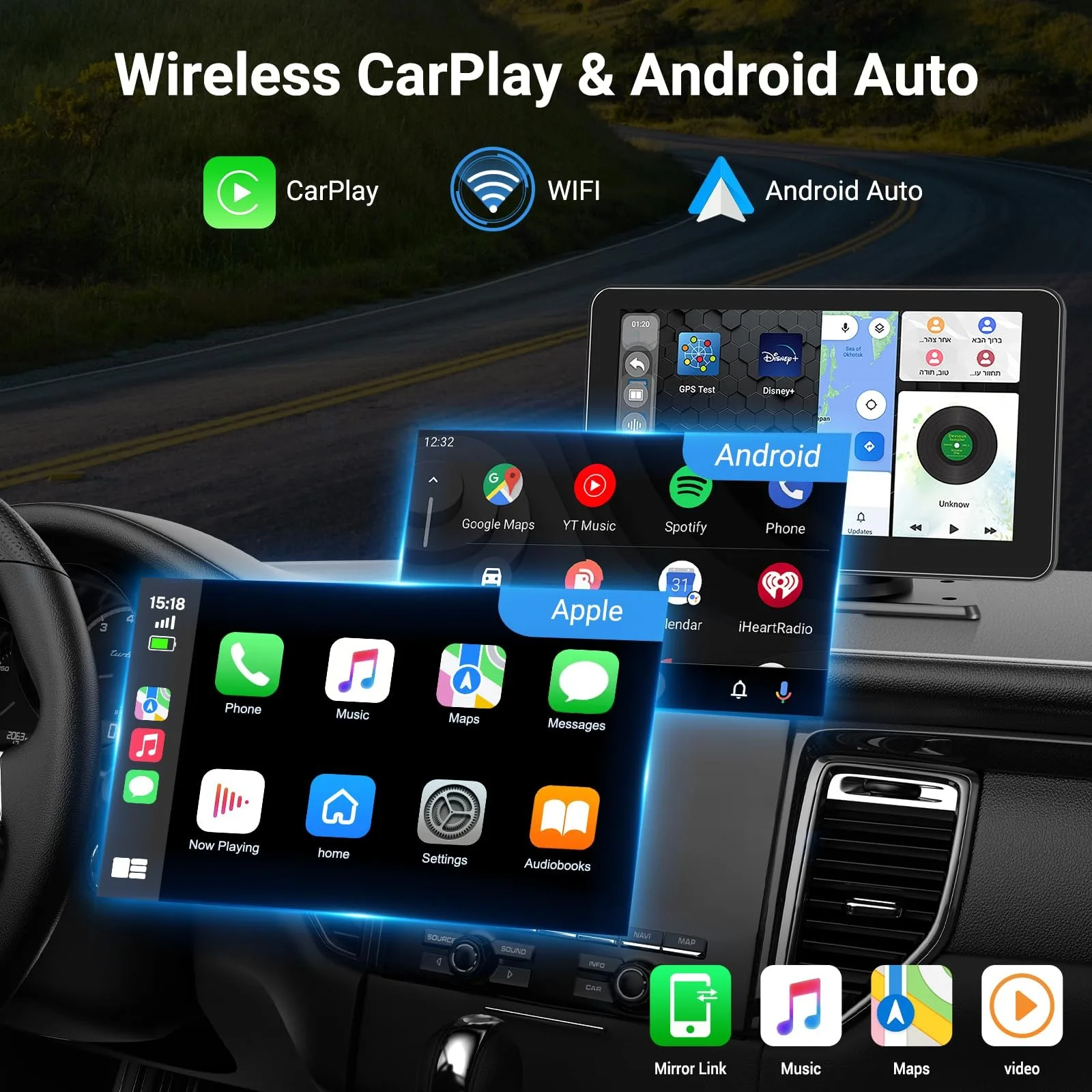10.26 Inch 4K Dual Len Dash Cam Wireless Carplay Android Auto Car DVR Multimedia Video Player Voice Control GPS Driving Recorder