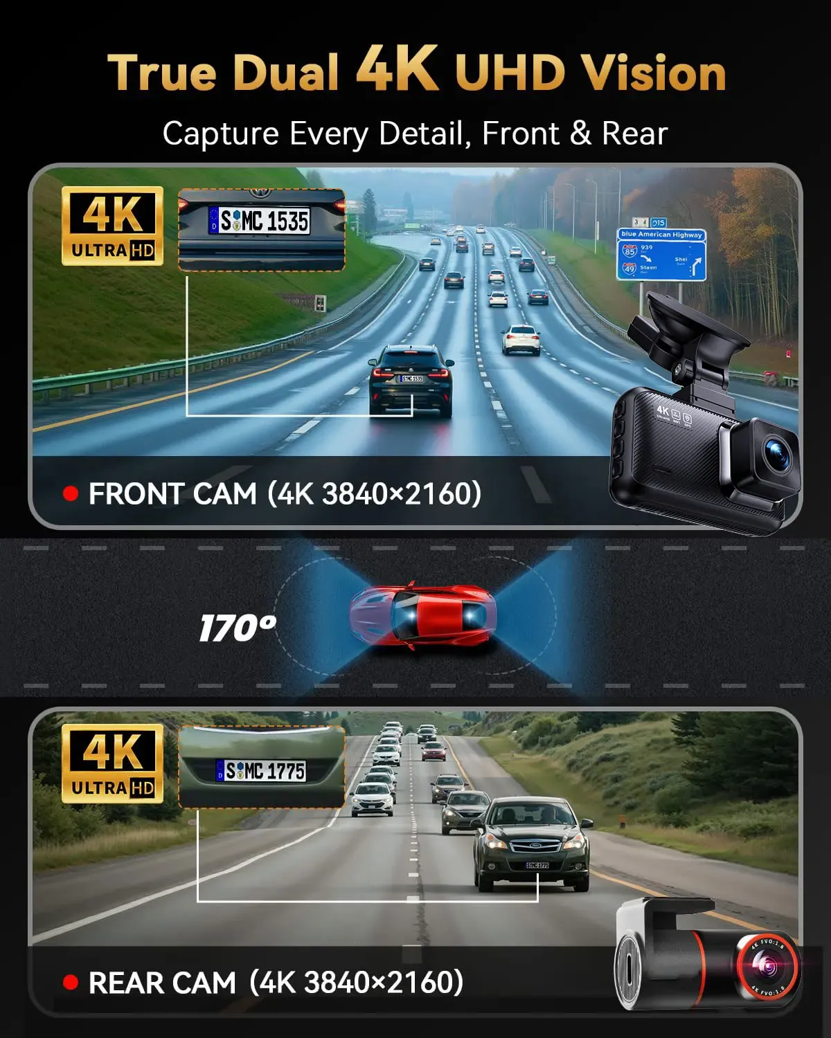 4K Dash Cam Front and Rear Built-in GPS 5G WiFi Dual Dash Camera for Cars with App 170°Wide Angle WDR HD Night Vision Car DVR