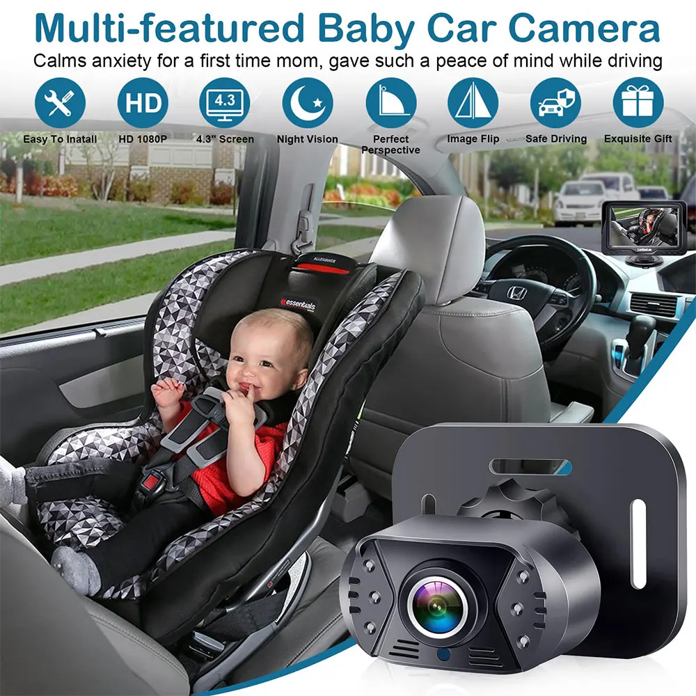 Baby Car Camera HD 1080P Rear Car Baby Monitor Adjustable Viewing Angle Backseat Car Camera 4.3'' Infrared Night Vision Monitor