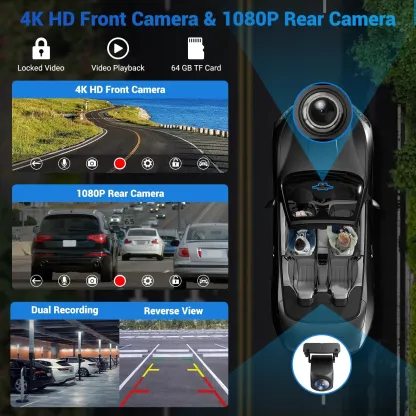 10.26 Inch 4K Dual Len Dash Cam Wireless Carplay Android Auto Car DVR Multimedia Video Player Voice Control GPS Driving Recorder