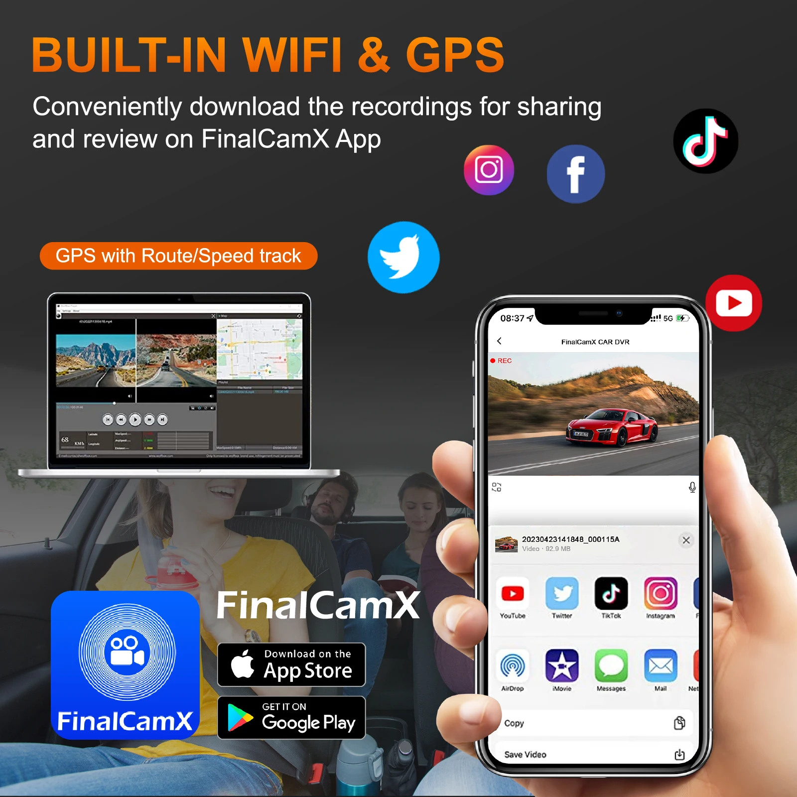 Dash Cam 4K UHD 3 Channel Car DVR Recording Car Camera DVR Night Vision Video Recorder Built-In Wi-Fi Support 3-Lens GPS Dashcam