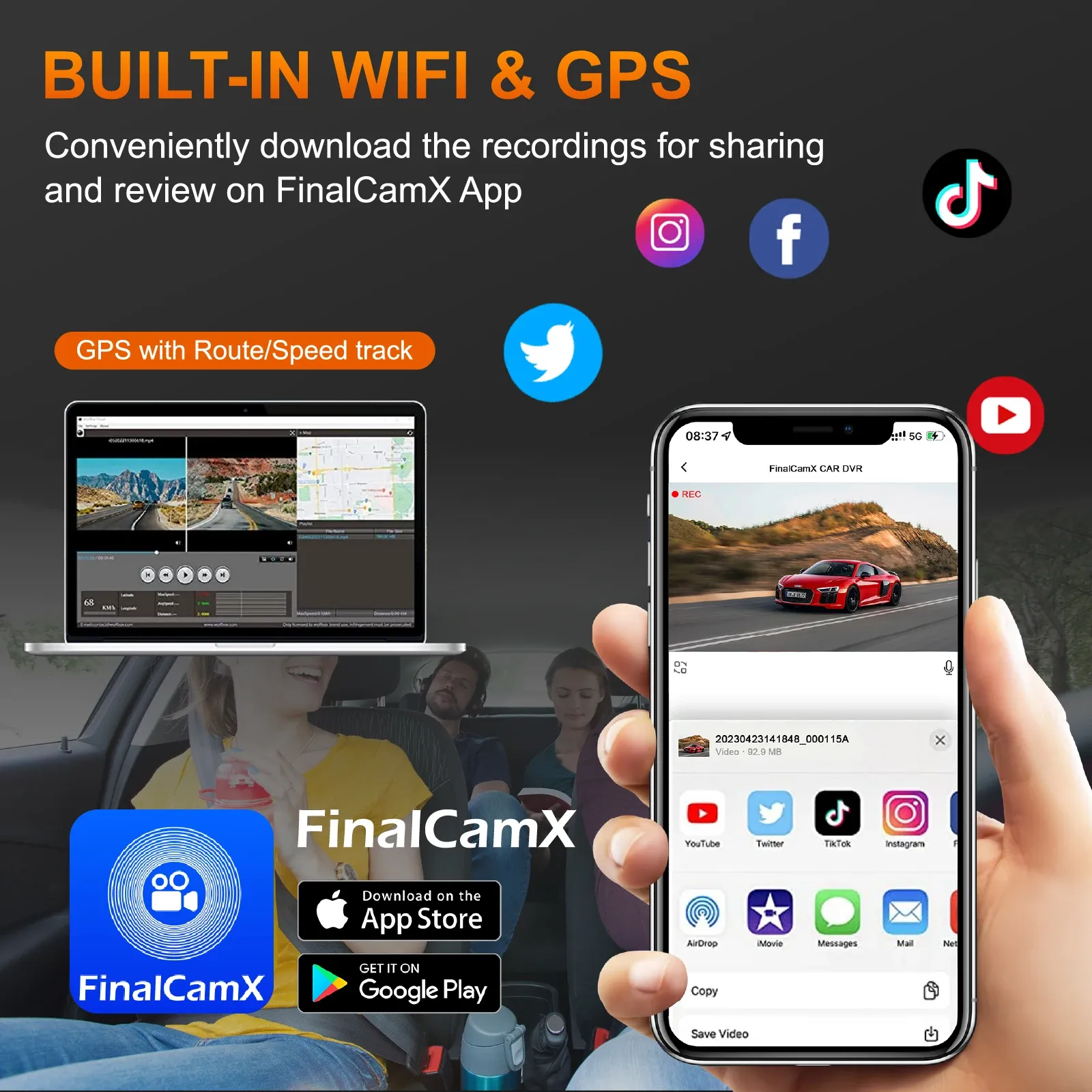 Dash Cam 4K UHD 3 Channel Car DVR Recording Car Camera DVR Night Vision Video Recorder Built-In Wi-Fi Support 3-Lens GPS Dashcam