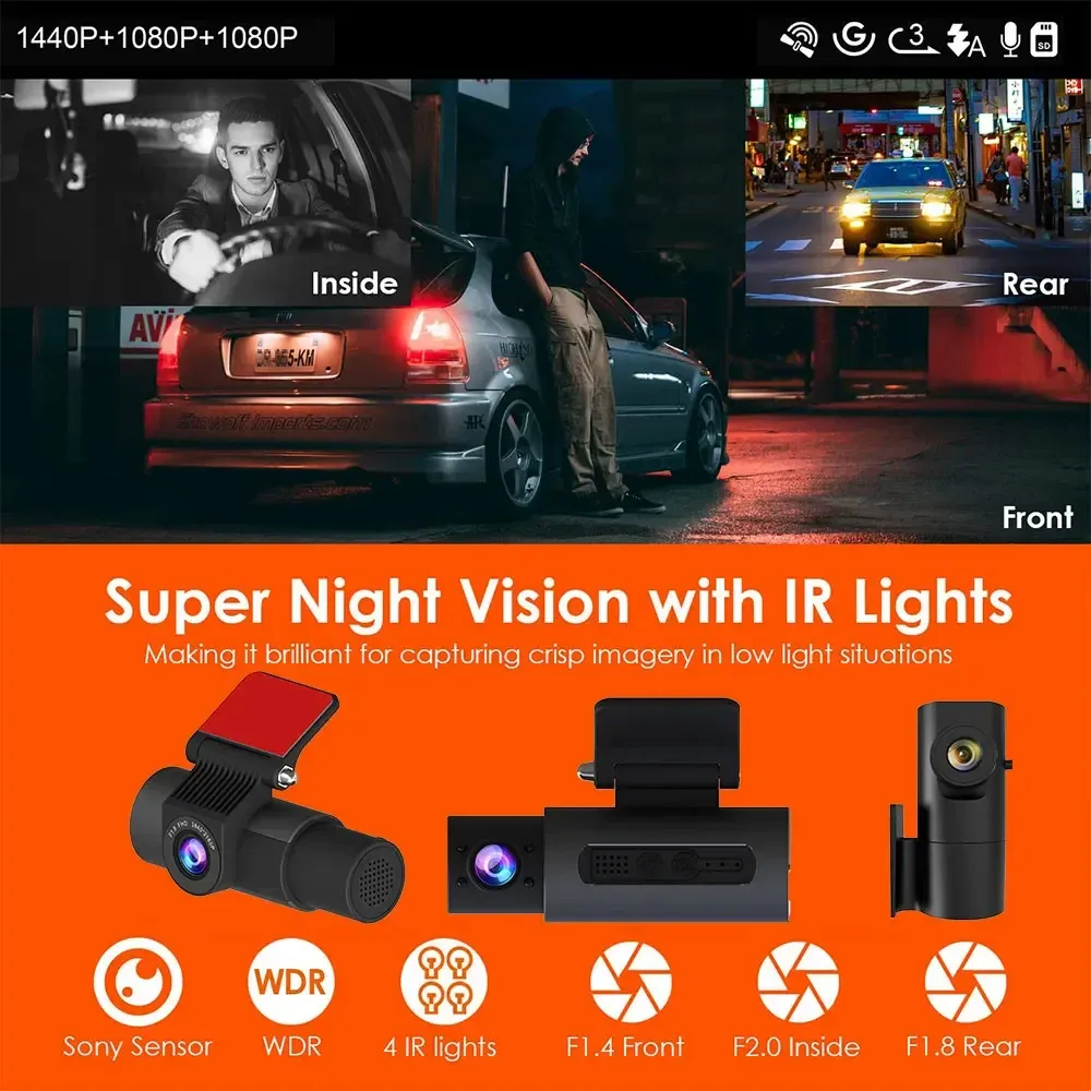 3 Channel Dash Cam for Car Camera UHD 4K 3-Lens Inside Vehicle Dashcam Built-in GPS Wifi Auto Record Car DVR 3CH Video Recorder