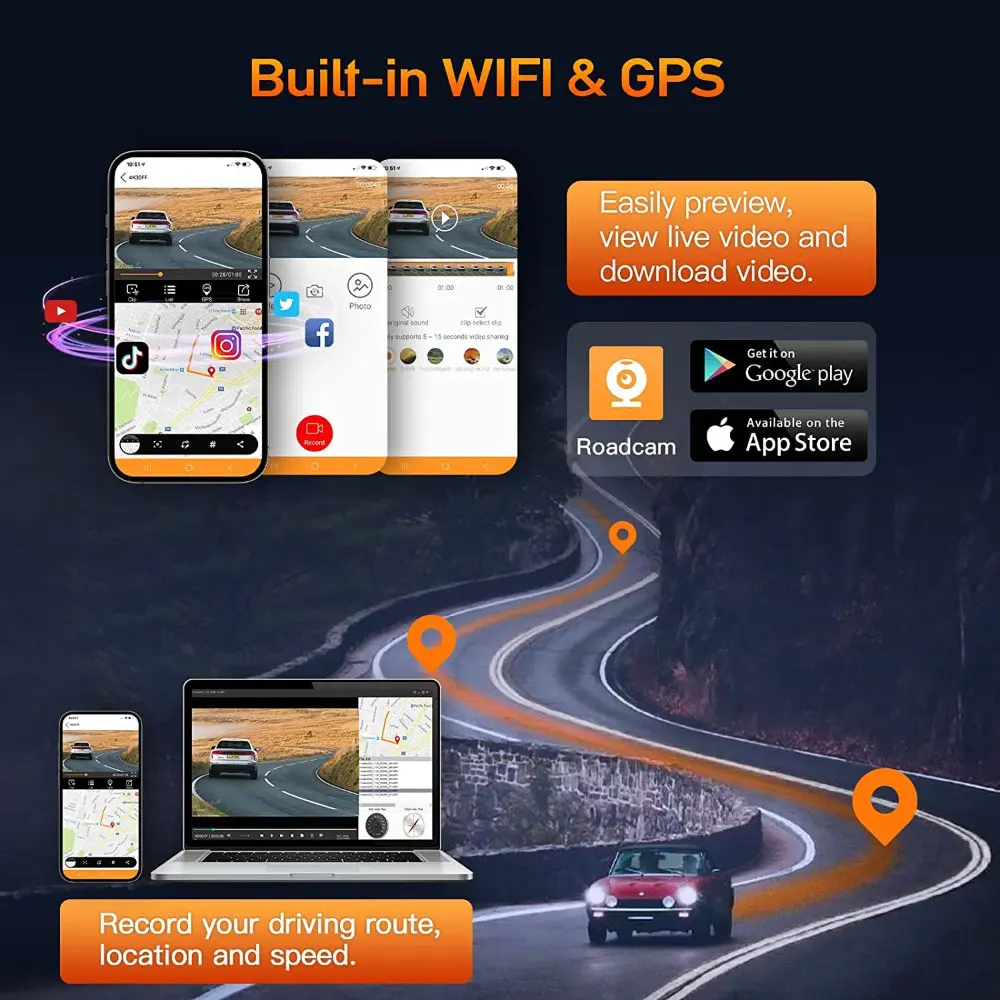 Dash Cam 4K UHD 3 Channel Car DVR Recording Car Camera DVR Night Vision Video Recorder Built-In Wi-Fi Support 3-Lens GPS Dashcam