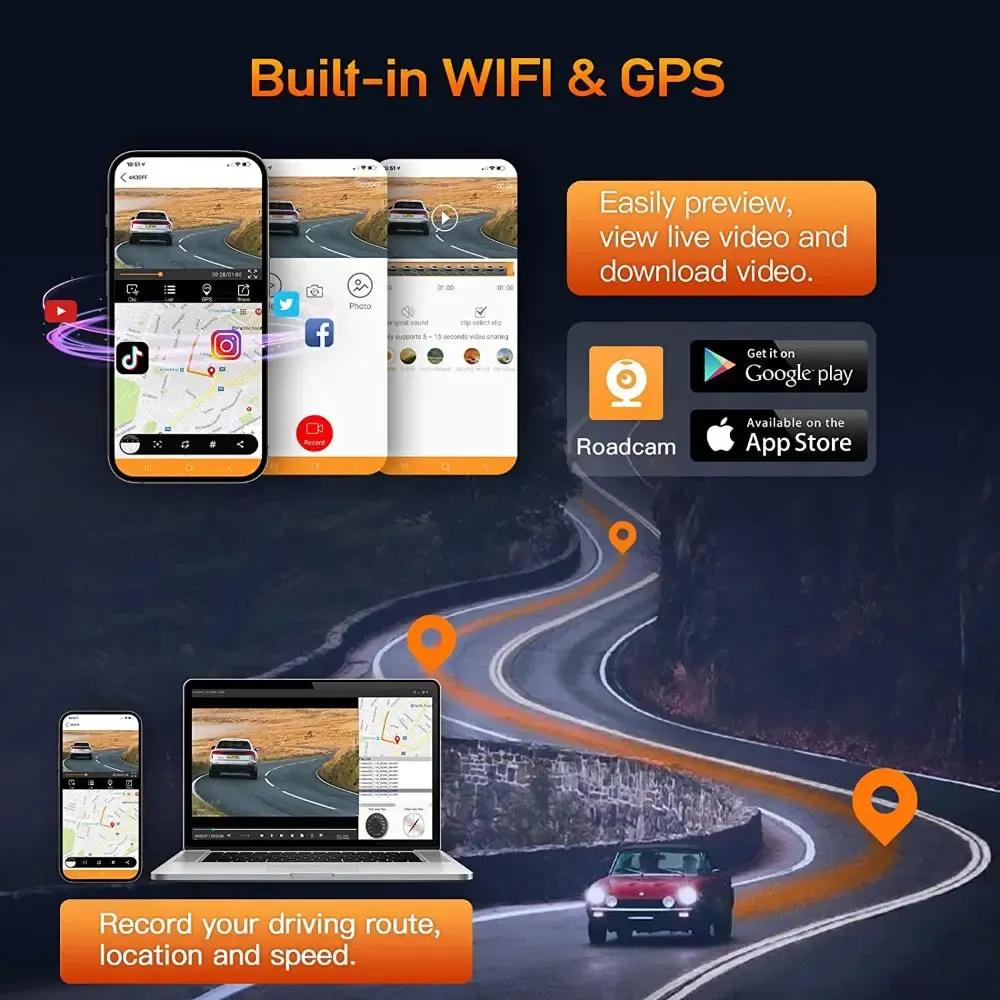 Dash Cam 4K UHD 3 Channel Car DVR Recording Car Camera DVR Night Vision Video Recorder Built-In Wi-Fi Support 3-Lens GPS Dashcam