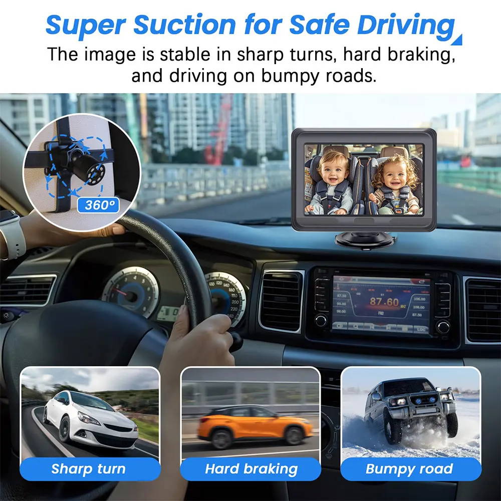 Baby Car Camera HD 1080P Rear Car Baby Monitor Adjustable Viewing Angle Backseat Car Camera 4.3'' Infrared Night Vision Monitor