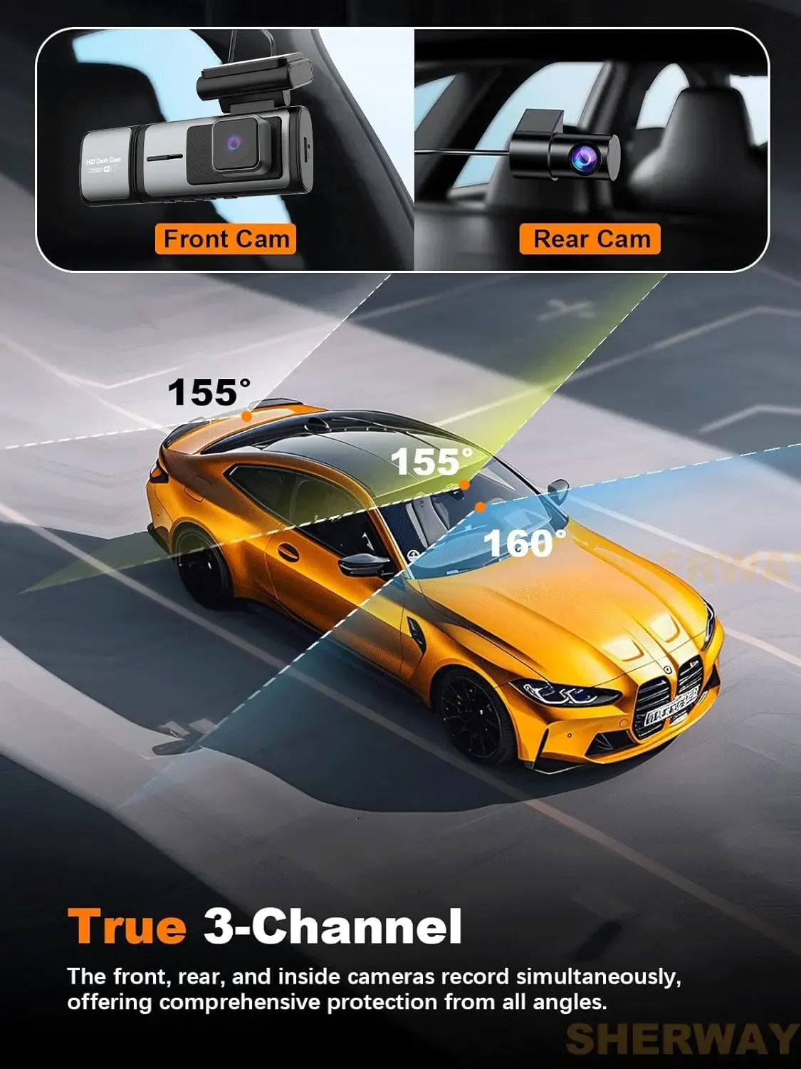 3 Channel Dash Cam 4K Auto ADAS 5GHz WiFi Dash Car Camera Support Front Rear and Interior Dashcam with GPS Night Vision Car DVR