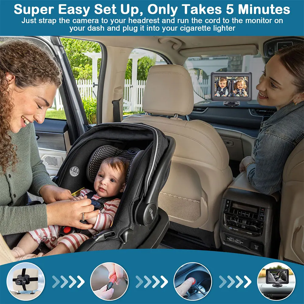 Baby Car Camera HD 1080P Rear Car Baby Monitor Adjustable Viewing Angle Backseat Car Camera 4.3'' Infrared Night Vision Monitor