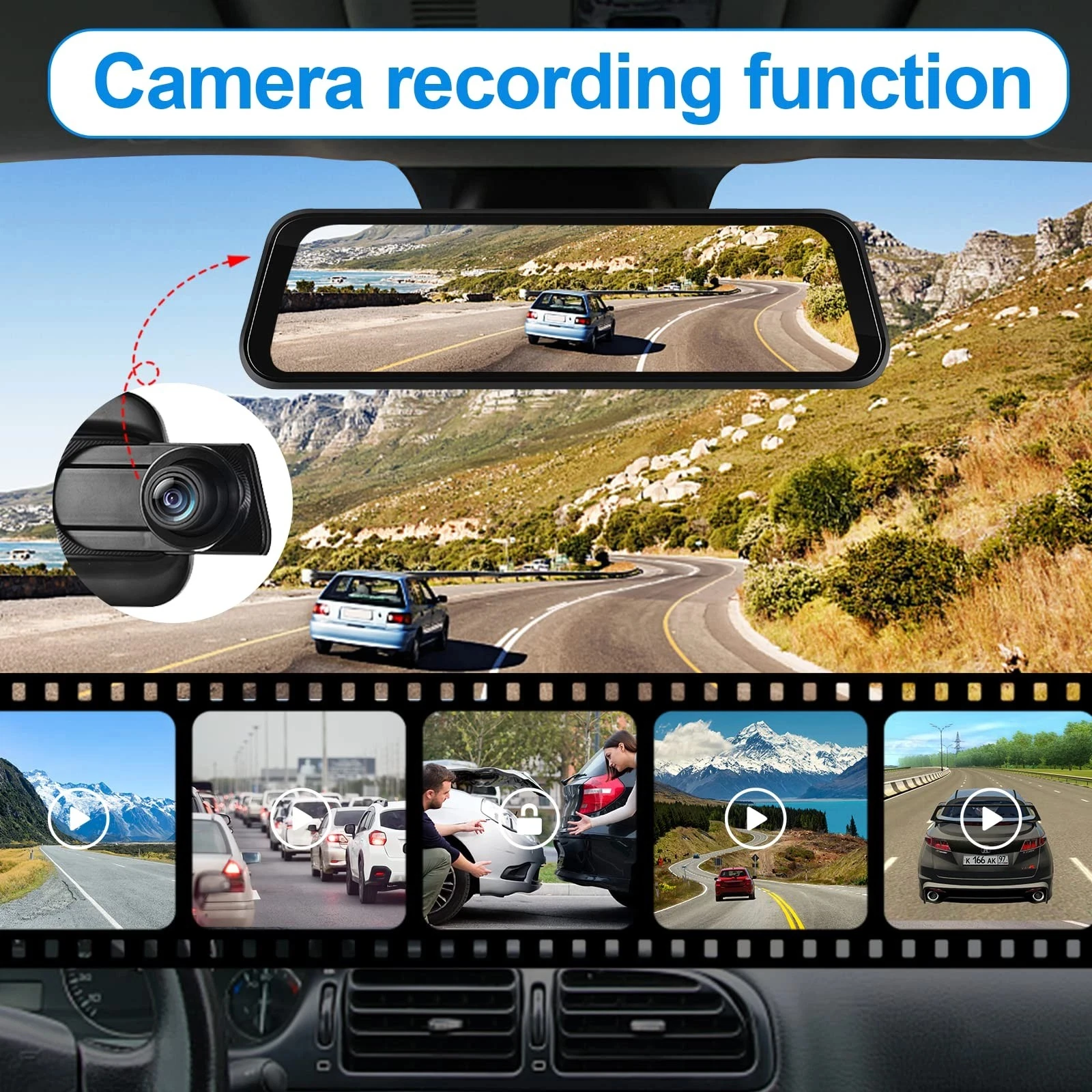 9.66" 4K Rear View Mirror Camera with Carplay Android Auto Touch Screen Backup Camera Front and Rear View Dual Cameras for Car