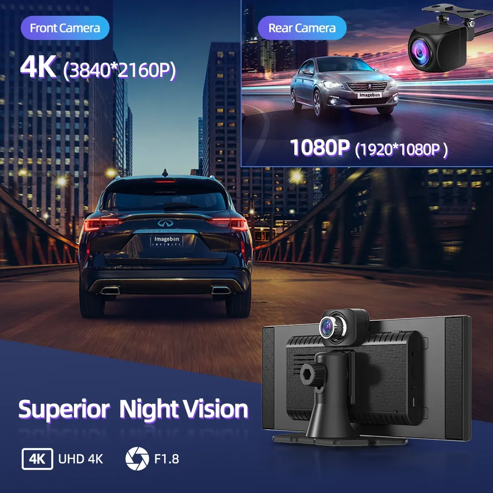 10.26 Inch 4K Dual Len Dash Cam Wireless Carplay Android Auto Car DVR Multimedia Video Player Voice Control GPS Driving Recorder