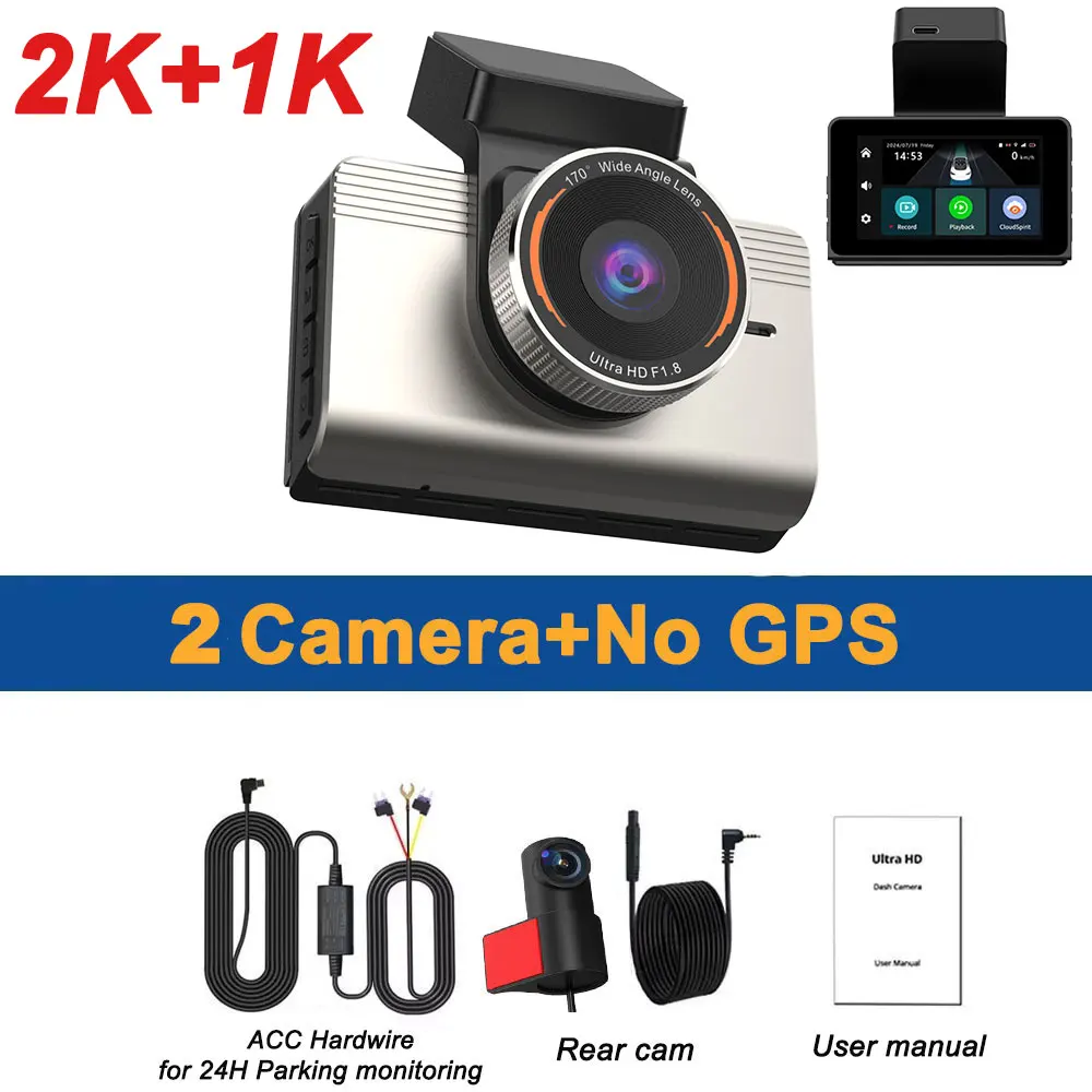 Dash Cam 2K+1080P Dual Dash Car Camera with ADAS Car DVR 24H Parking Mode Built-in WiFi GPS Adas Driving Assistance Recorder