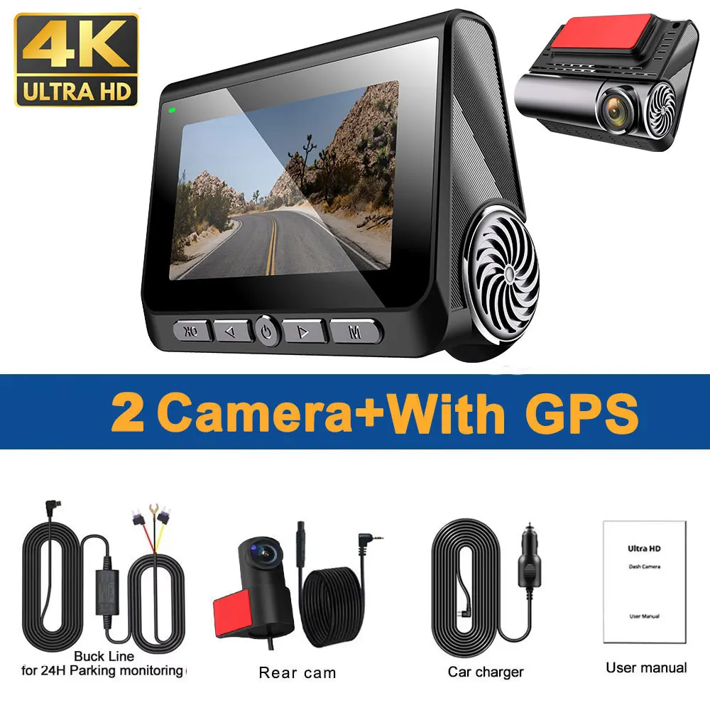 2 Channel Car DVR for Cars 4K 2-Lens GPS Wifi Front Rear Dash Cam DVR Recorder Video Registrator Car Camera 24h Parking Monitor
