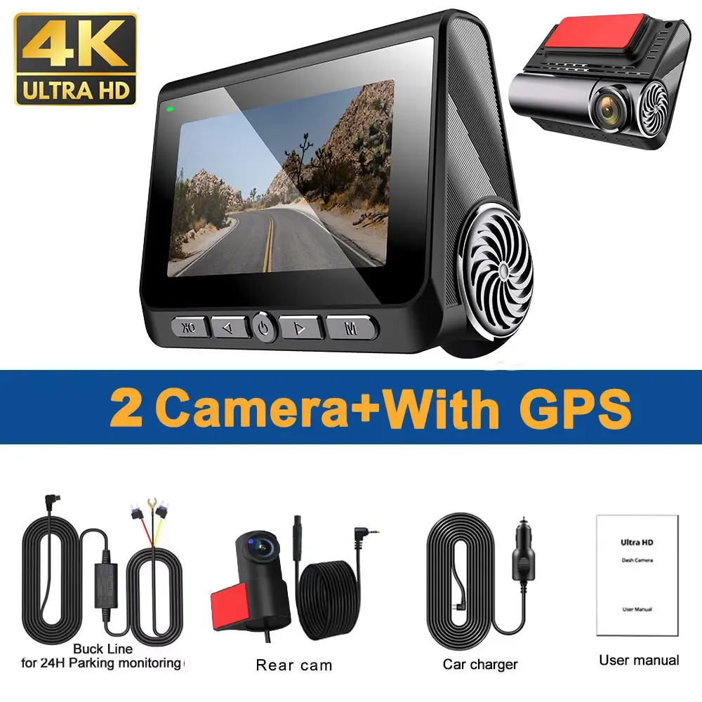 2 Channel Car DVR for Cars 4K 2-Lens GPS Wifi Front Rear Dash Cam DVR Recorder Video Registrator Car Camera 24h Parking Monitor