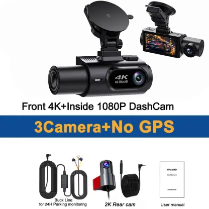 3 Channel 4K Dash Cam 5.8Ghz Wifi Dash Camera 4K+2K Front and Rear Inside Triple Car Camera Built-In GPS IR Night Vision Car DVR
