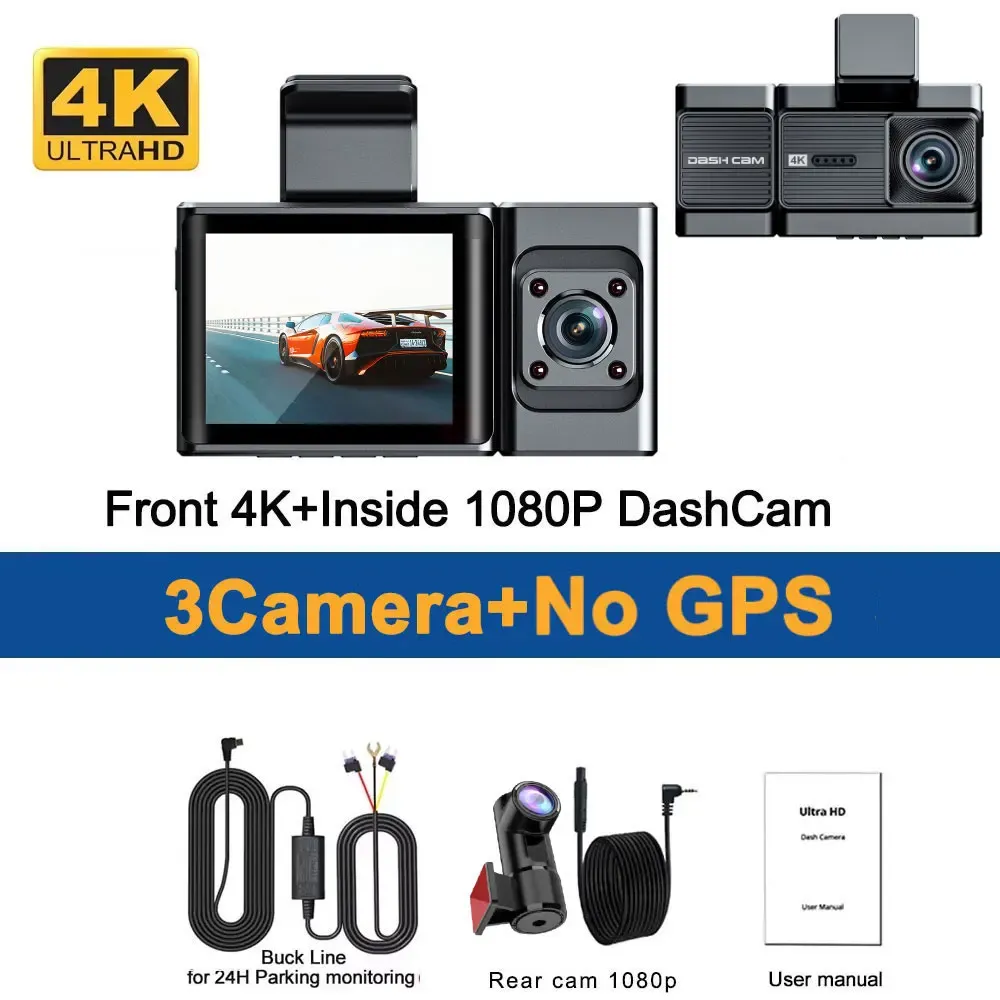 Dash Cam 4K UHD 3 Channel Car DVR Recording Car Camera DVR Night Vision Video Recorder Built-In Wi-Fi Support 3-Lens GPS Dashcam