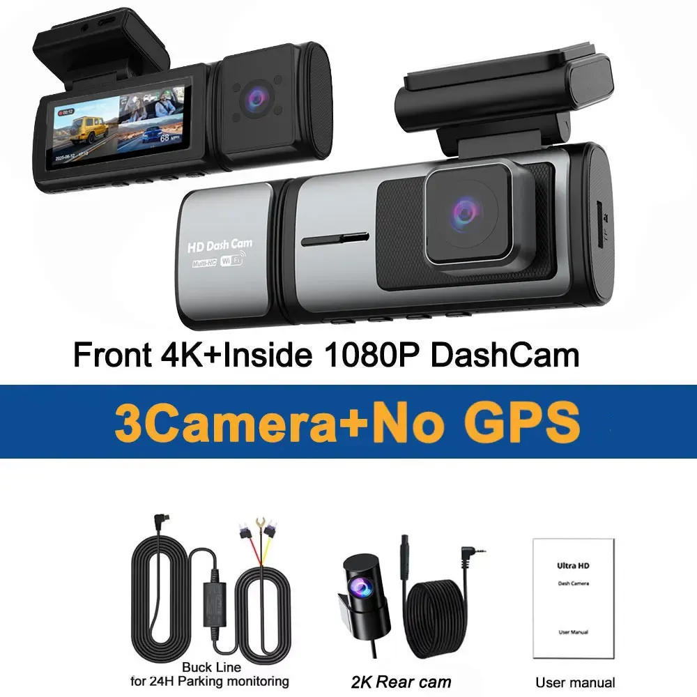 3 Channel Dash Cam 4K Auto ADAS 5GHz WiFi Dash Car Camera Support Front Rear and Interior Dashcam with GPS Night Vision Car DVR