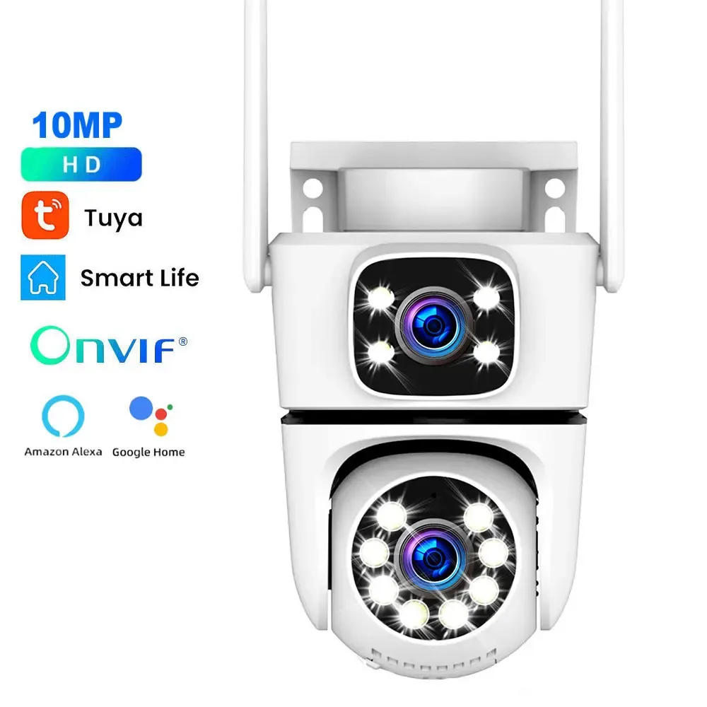 4K Tuya Home Security Outdoor 5G Wifi Camera Dual Lens Dual Screen Alexa Google Camera Surveillance IR Night Vision 10x Zoom Cam
