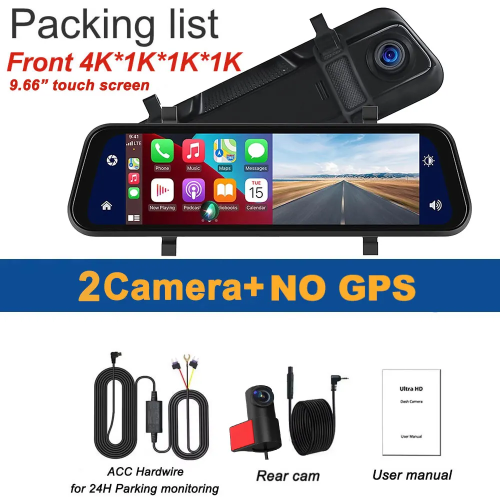 9.66" 4K Rear View Mirror Camera with Carplay Android Auto Touch Screen Backup Camera Front and Rear View Dual Cameras for Car
