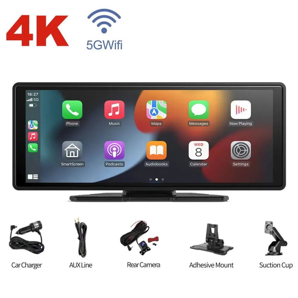 10.26 Inch 4K Dual Len Dash Cam Wireless Carplay Android Auto Car DVR Multimedia Video Player Voice Control GPS Driving Recorder