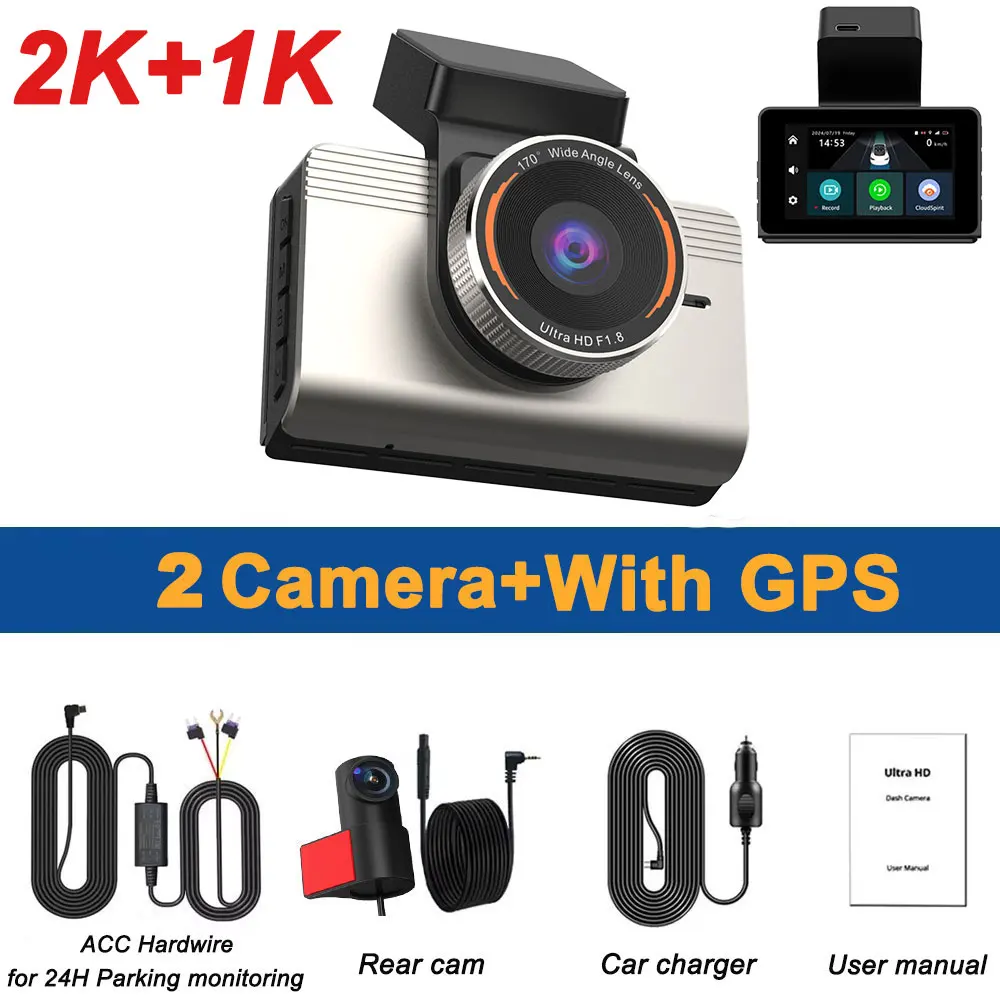 Dash Cam 2K+1080P Dual Dash Car Camera with ADAS Car DVR 24H Parking Mode Built-in WiFi GPS Adas Driving Assistance Recorder
