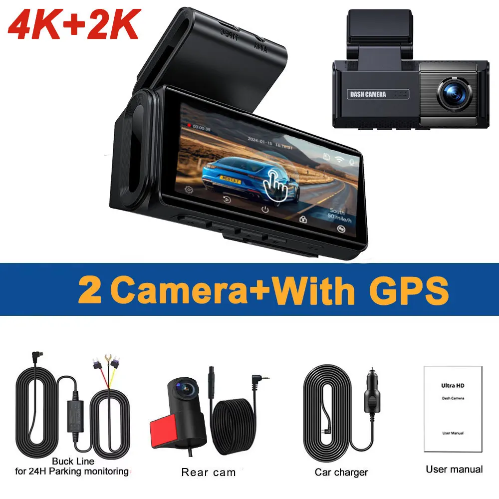 4K+2K 2 Channel Dash Cam for Cars ADAS Touch Screen Front Rear Car Camera Built-in GPS WiFi 24H Parking Mode Black Box Car DVR