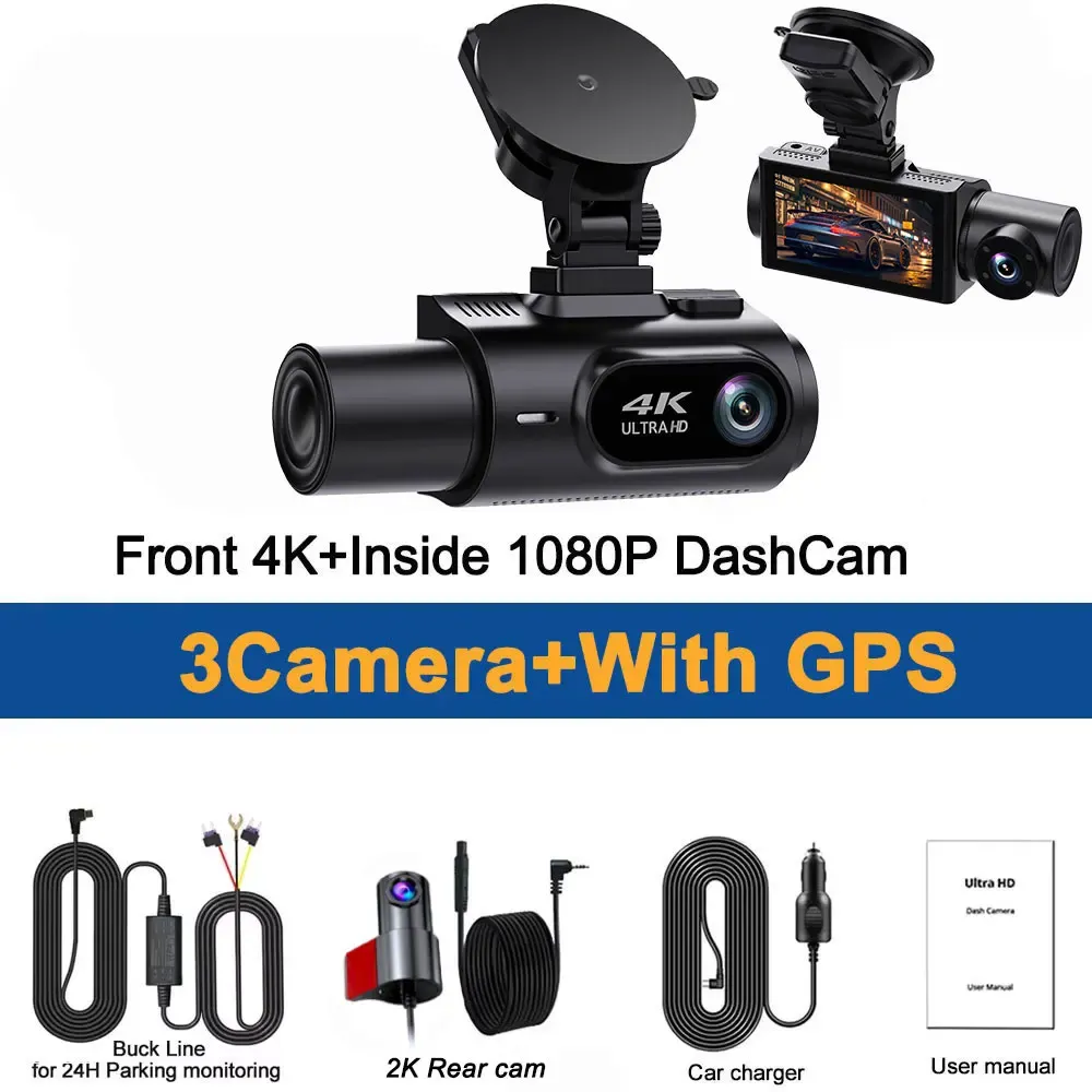 3 Channel 4K Dash Cam 5.8Ghz Wifi Dash Camera 4K+2K Front and Rear Inside Triple Car Camera Built-In GPS IR Night Vision Car DVR