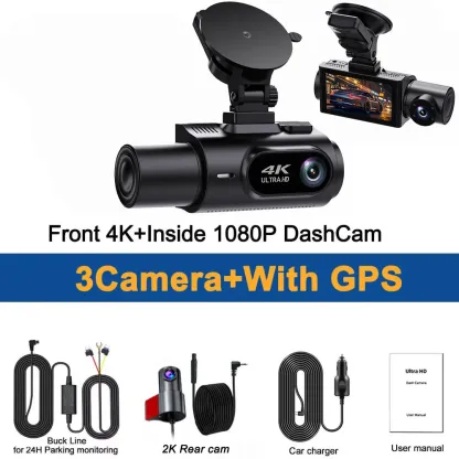 3 Channel 4K Dash Cam 5.8Ghz Wifi Dash Camera 4K+2K Front and Rear Inside Triple Car Camera Built-In GPS IR Night Vision Car DVR