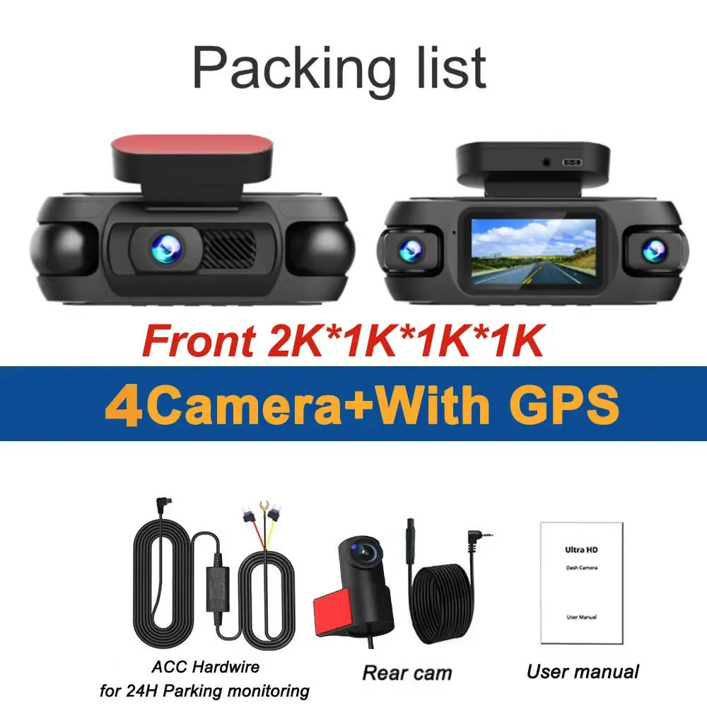 4 Channel 4K Dash Camera for Cars 360° Dashcam 4 Lens 1080p Front Left Right Rear Car DVR Built-in Wifi GPS WDR Night Vision Cam