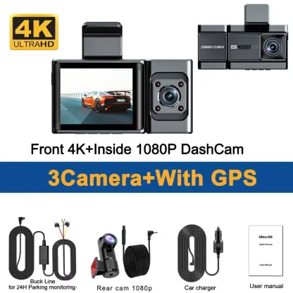 Dash Cam 4K UHD 3 Channel Car DVR Recording Car Camera DVR Night Vision Video Recorder Built-In Wi-Fi Support 3-Lens GPS Dashcam
