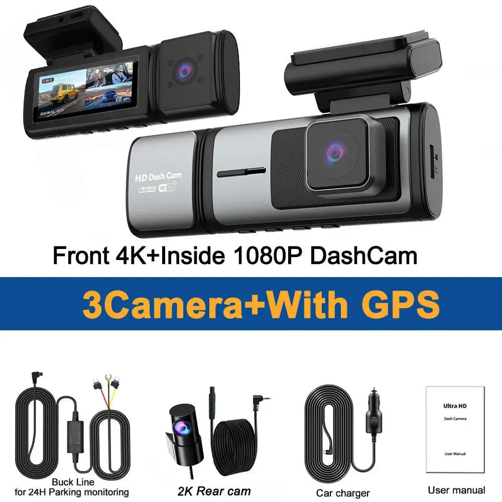3 Channel Dash Cam 4K Auto ADAS 5GHz WiFi Dash Car Camera Support Front Rear and Interior Dashcam with GPS Night Vision Car DVR