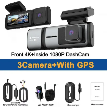 3 Channel Dash Cam 4K Auto ADAS 5GHz WiFi Dash Car Camera Support Front Rear and Interior Dashcam with GPS Night Vision Car DVR