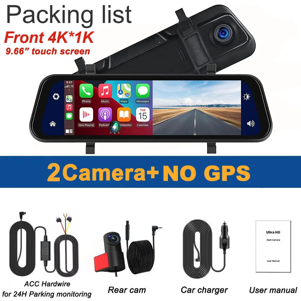 9.66" 4K Rear View Mirror Camera with Carplay Android Auto Touch Screen Backup Camera Front and Rear View Dual Cameras for Car