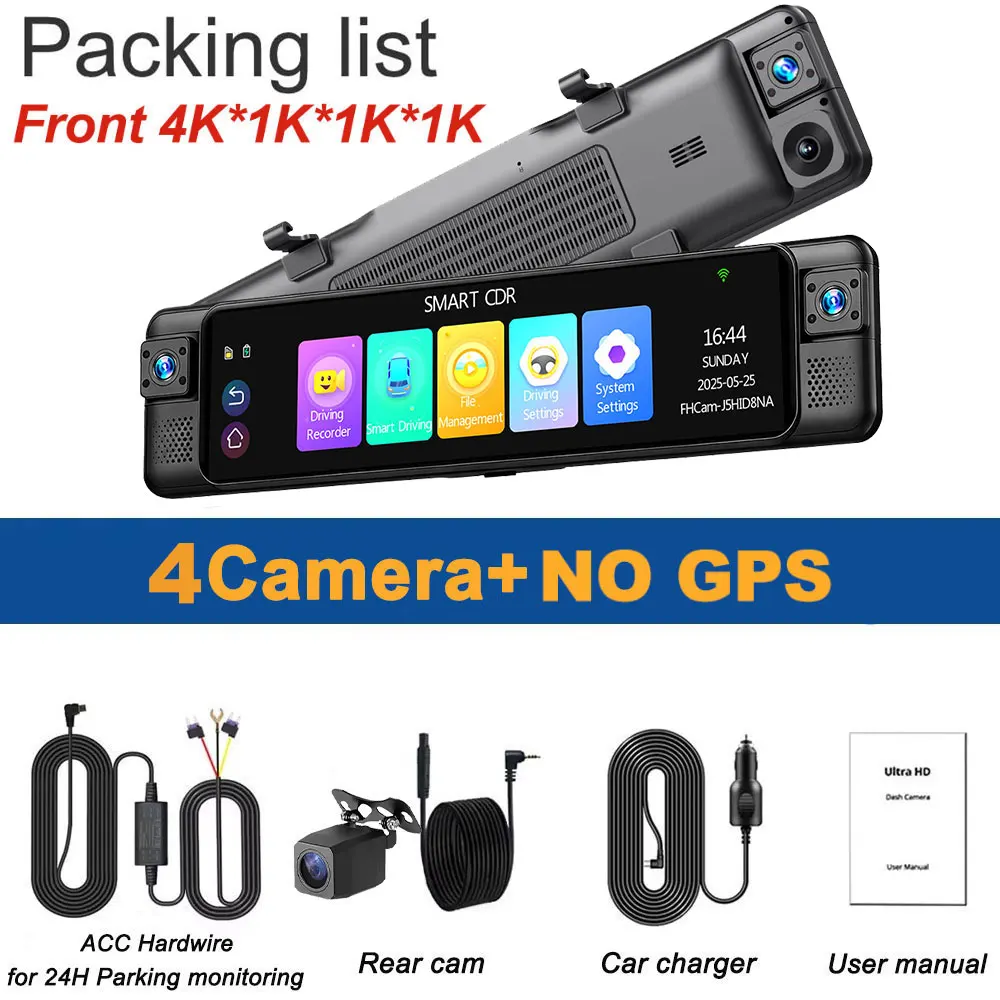 4K Dash Cam 4 Channel 360° Rearview Mirror Dashcam Front Left Right Rear ADAS Dash Camera for Cars Touch Screen Video Recorder