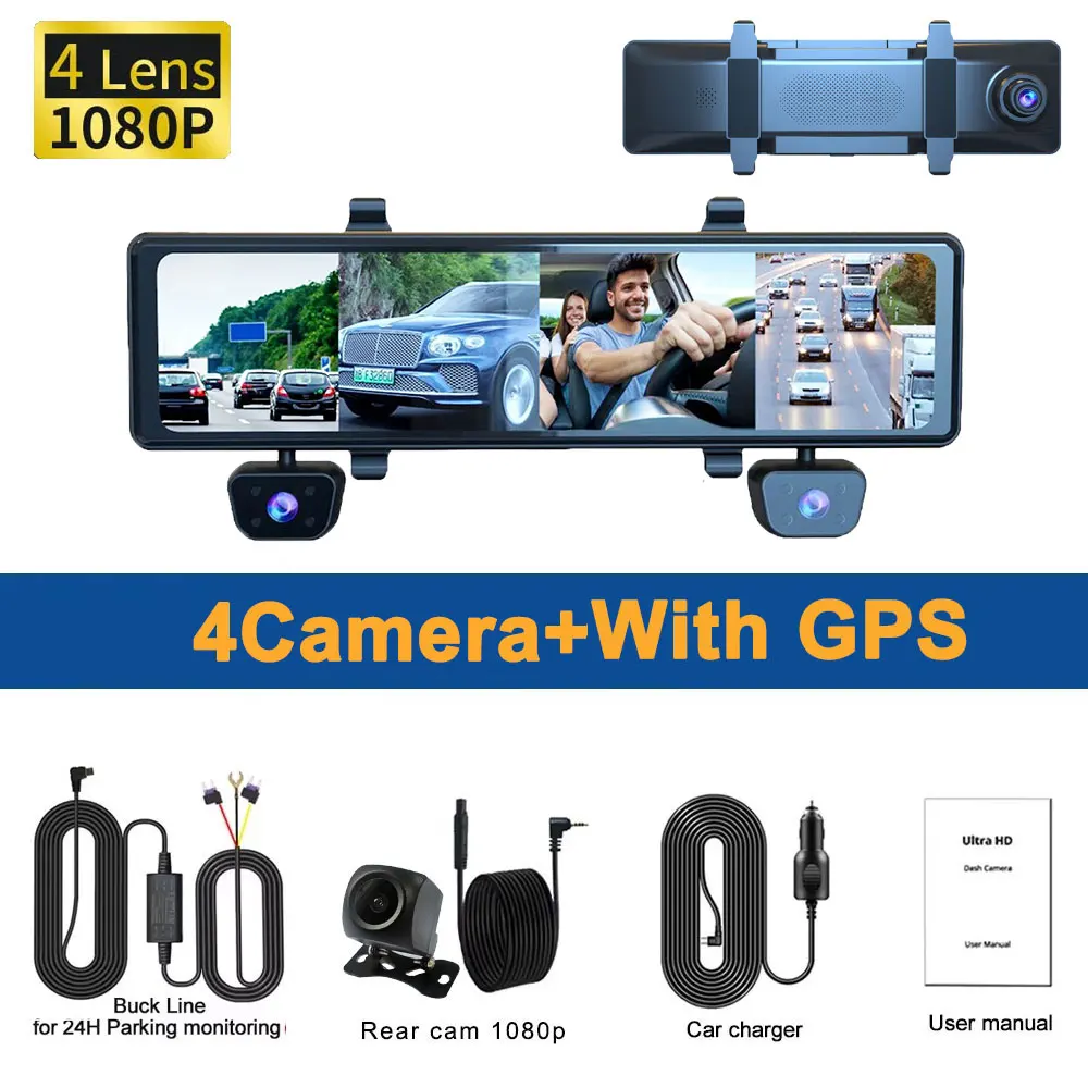 Dash Cam Ultra HD 4*1080P 4CH Car DVR 12”Touch IPS Built-in GPS Wifi 24H Parking Monitor Night Vision Car Camera Video Recorder