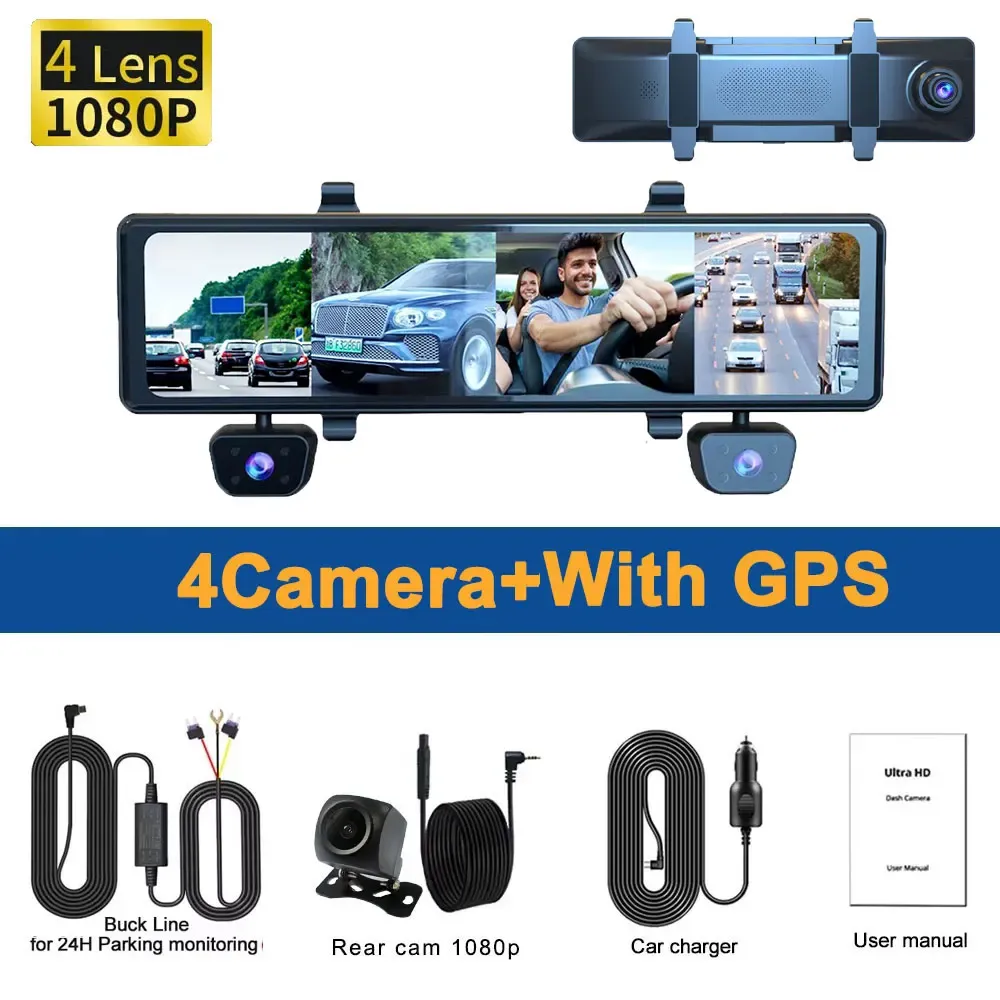 Dash Cam Ultra HD 4*1080P 4CH Car DVR 12”Touch IPS Built-in GPS Wifi 24H Parking Monitor Night Vision Car Camera Video Recorder