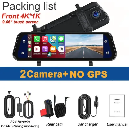 9.66" 4K Rear View Mirror Camera with Carplay Android Auto Touch Screen Backup Camera Front and Rear View Dual Cameras for Car