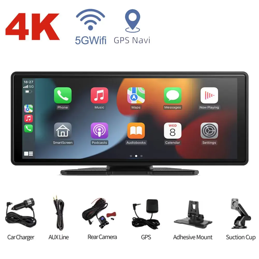 10.26 Inch 4K Dual Len Dash Cam Wireless Carplay Android Auto Car DVR Multimedia Video Player Voice Control GPS Driving Recorder