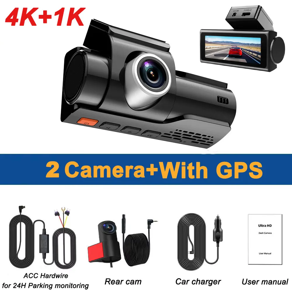 4K Dash Camera for Cars DVR Dual-Channel HD 1080P Front and Rear GPS Car Camera WDR Night Vision WiFi APP Monitor Video Recorder