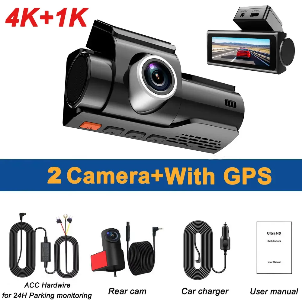 4K Dash Camera for Cars DVR Dual-Channel HD 1080P Front and Rear GPS Car Camera WDR Night Vision WiFi APP Monitor Video Recorder