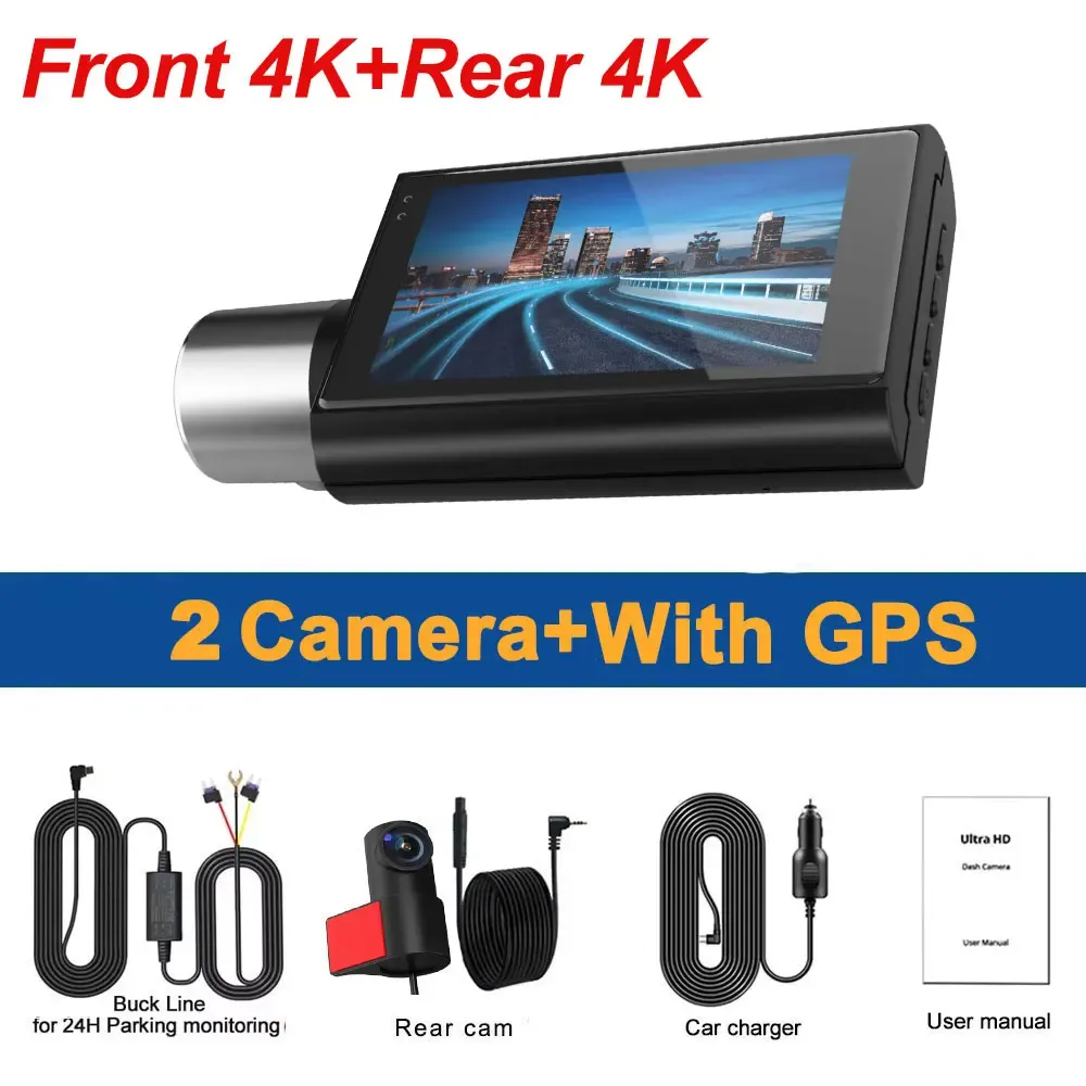 2 Channel Dash Cam 4K+4K Dual Dash Camera for Cars with 5GHz WiFi & GPS WDR Recorder Car DVR IR Night Vision 24H Parking Mode