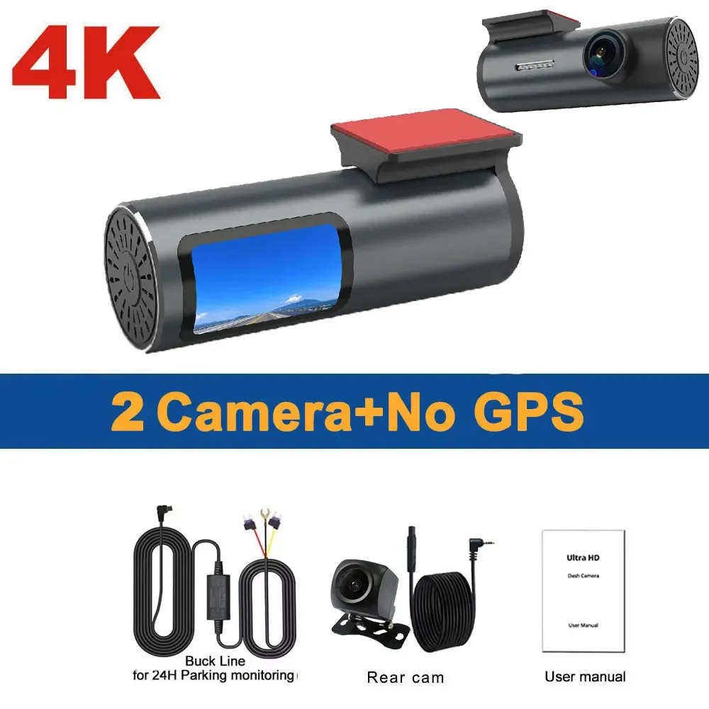 4K Dash Cam Dual Lens Car DVR Driving Recorder UHD 1080P Rear Lens Camera WiFi GPS IR Night Vision 24H Parking Monitor Black Box