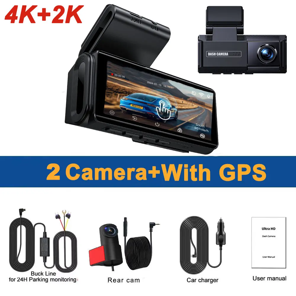 Dash Cam 4k+2K Front Rear Car Camera 4" Touch Screen Car DVR Camera Built-in GPS WiFi 24H Parking Monitor Night Vision Black Box