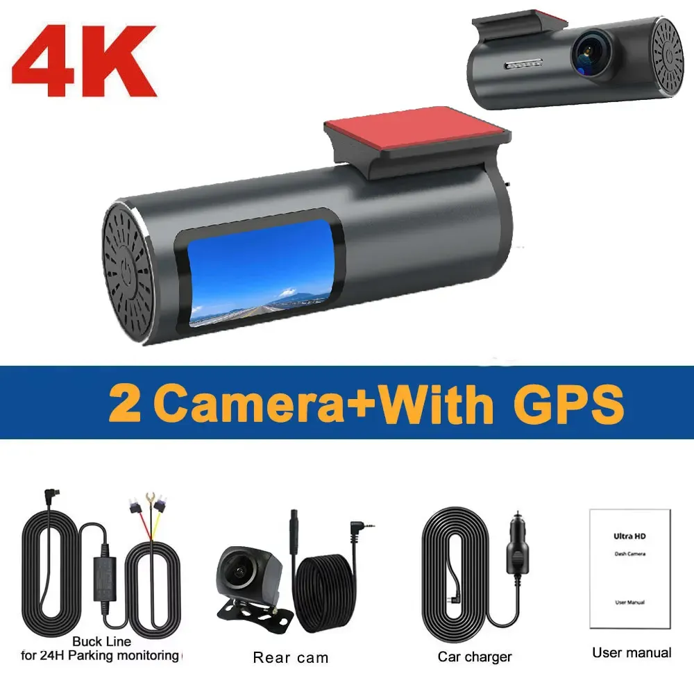 4K Dash Cam Dual Lens Car DVR Driving Recorder UHD 1080P Rear Lens Camera WiFi GPS IR Night Vision 24H Parking Monitor Black Box