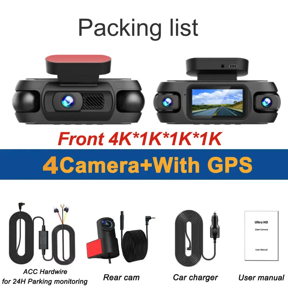 4 Channel 4K Dash Camera for Cars 360° Dashcam 4 Lens 1080p Front Left Right Rear Car DVR Built-in Wifi GPS WDR Night Vision Cam