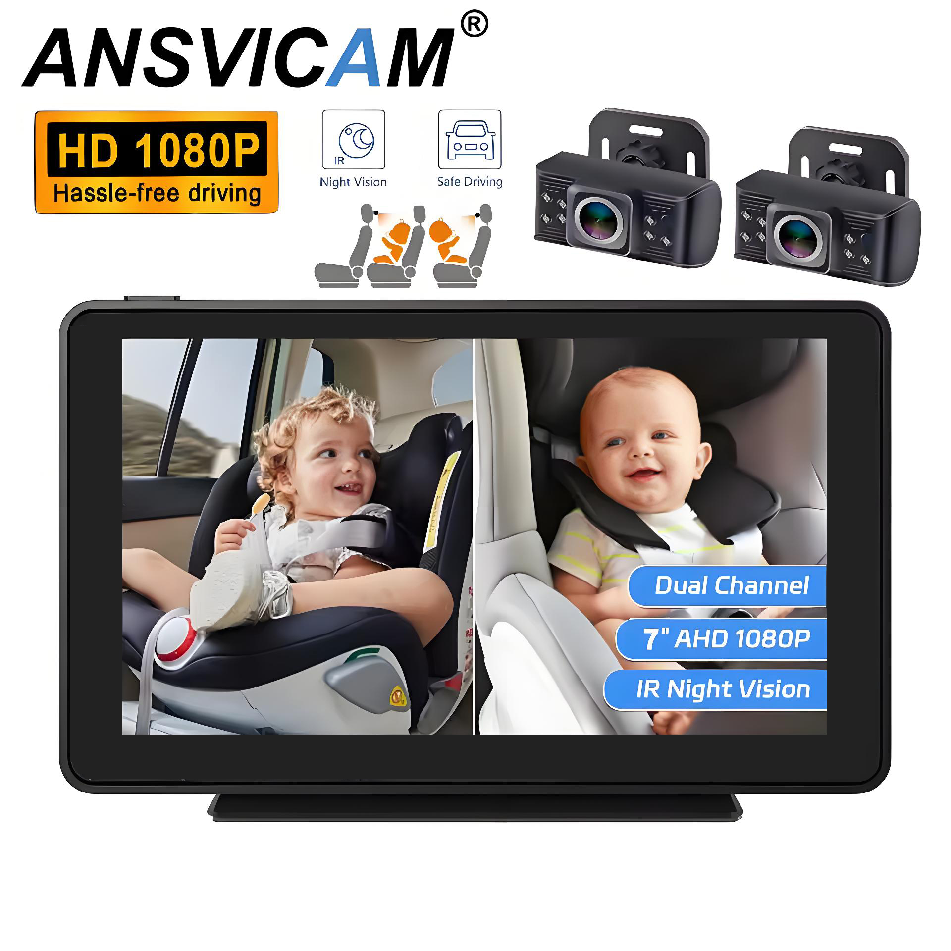 Baby Car Camera 7 " 1080P FHD Dual Car Baby Mirror 360 Degree Rotating Backseat Camera for 2 Kids Clear Night Vision Easy Setup