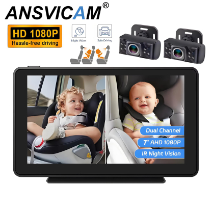 Baby Car Camera 7 " 1080P FHD Dual Car Baby Mirror 360 Degree Rotating Backseat Camera for 2 Kids Clear Night Vision Easy Setup