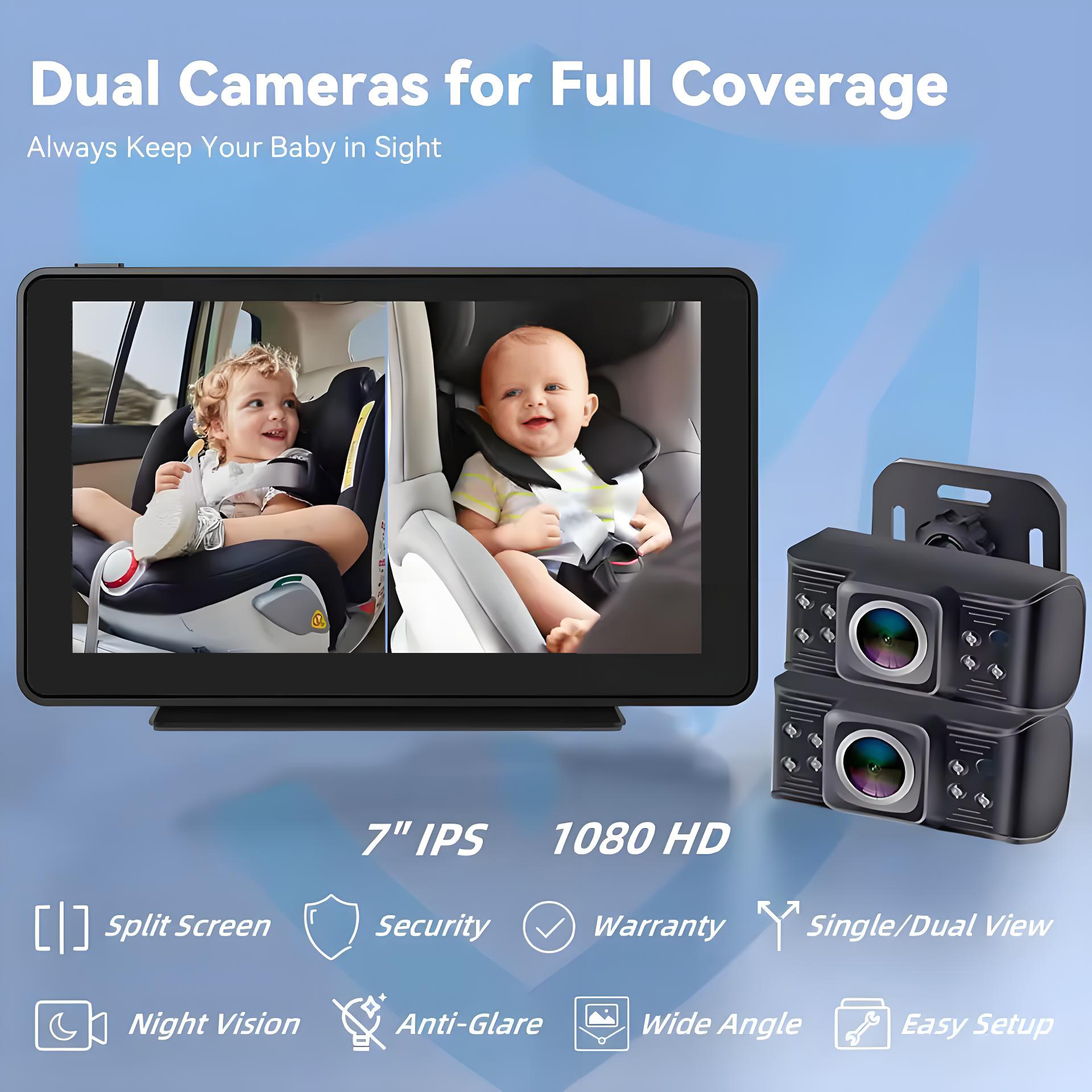 Baby Car Camera 7 " 1080P FHD Dual Car Baby Mirror 360 Degree Rotating Backseat Camera for 2 Kids Clear Night Vision Easy Setup